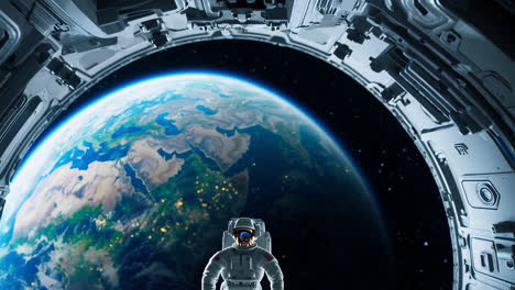 astronaut in spacesuit viewing earth from spaceship