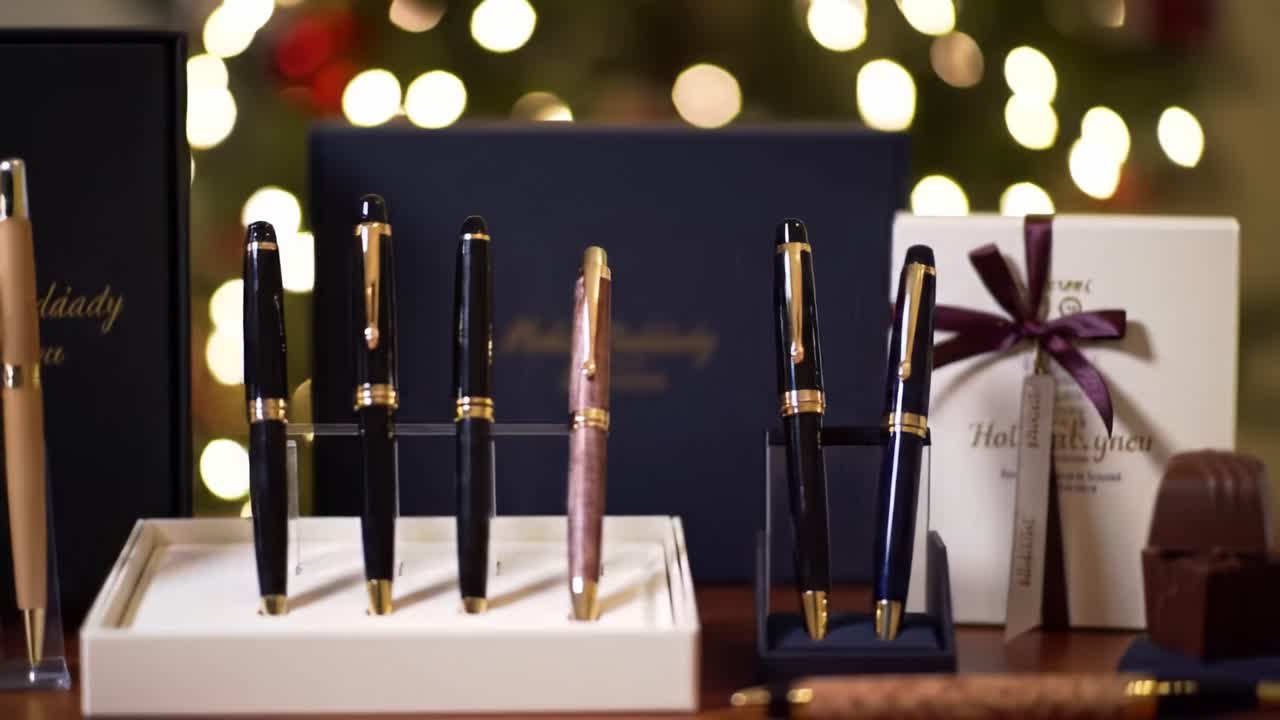 Elegant Collection of Luxury Pens Displayed with Chocolate Gifts, Perfect for Special Occasions and Celebrations with a Festive Background of Bokeh Lights