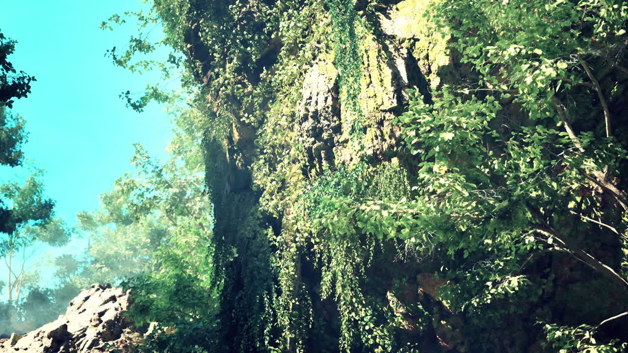 hojas verdes en una pared de roca en un bosque exuberante