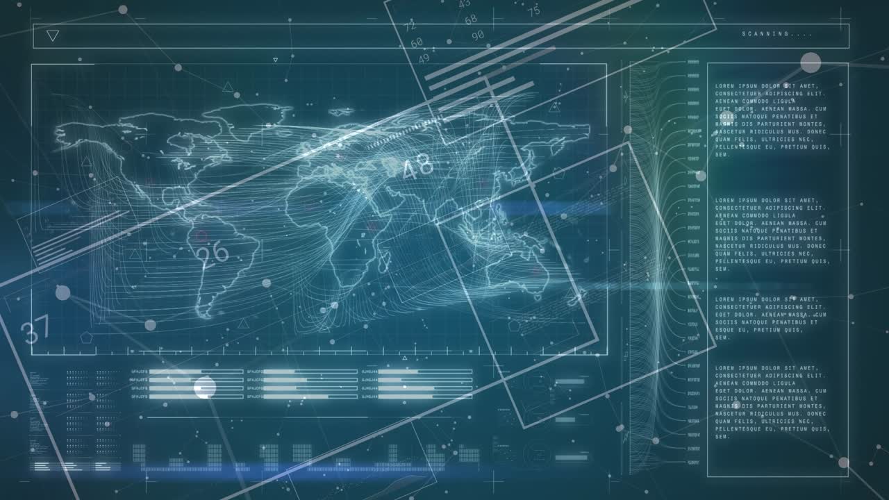 Animation of digital interface with data processing over world map against blue background
