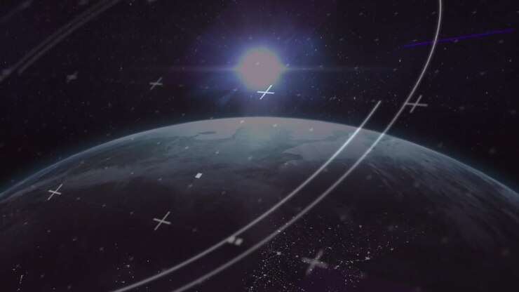 Planet's curved surface floating under bright star in 3D, showing transparent arcs and crosses