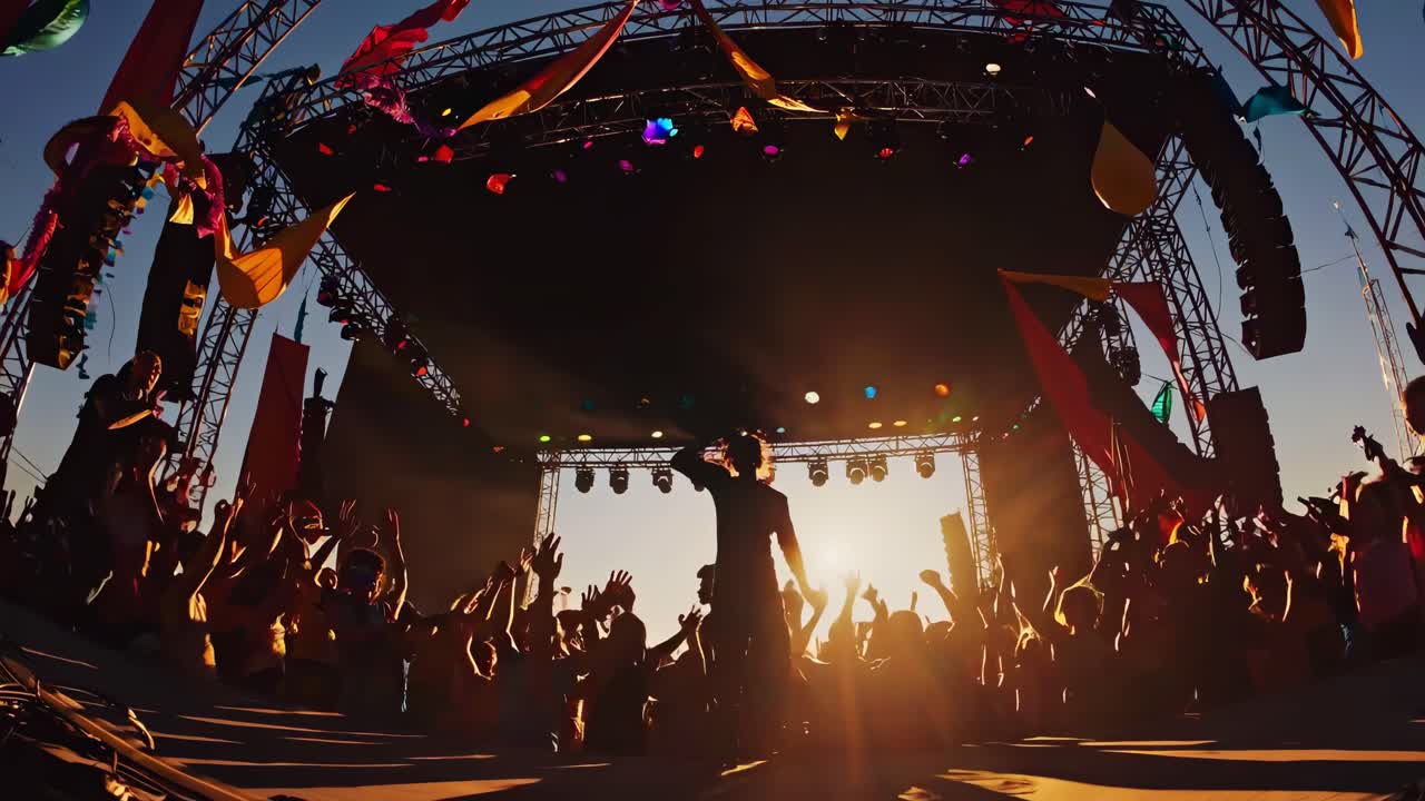 Dynamic low-angle video shot of a vibrant outdoor concert, capturing silhouettes of a lively crowd