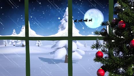 Animation-Der-Winterlandschaft-Und-Des-Weihnachtsmannschlittens-Durch-Das-Fenster-Gesehen