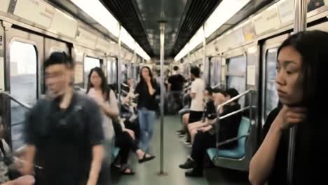 a glimpse into daily urban life: commuters interacting in a busy subway car, capturing the essence of city travel and anonymous connections between passengers