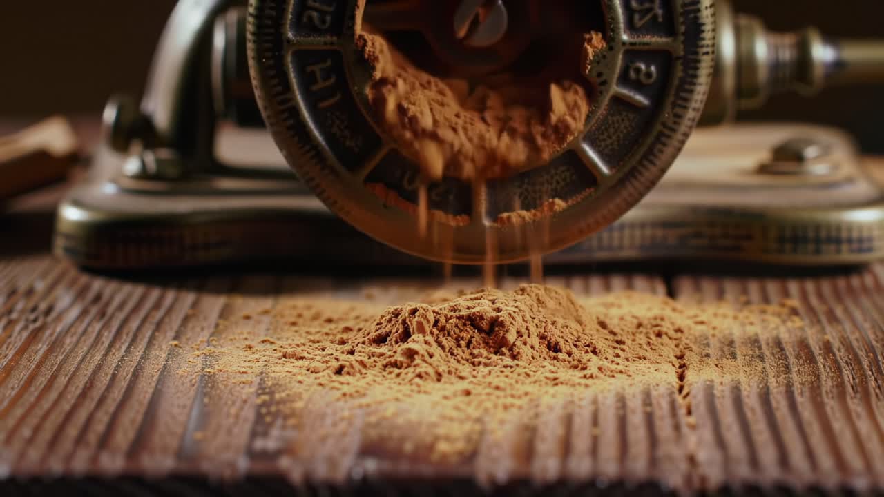 The Art of Grinding: Captivating Close-Up of a Vintage Grinder Dispensing Fresh Cocoa Powder onto Rustic Wooden Surface