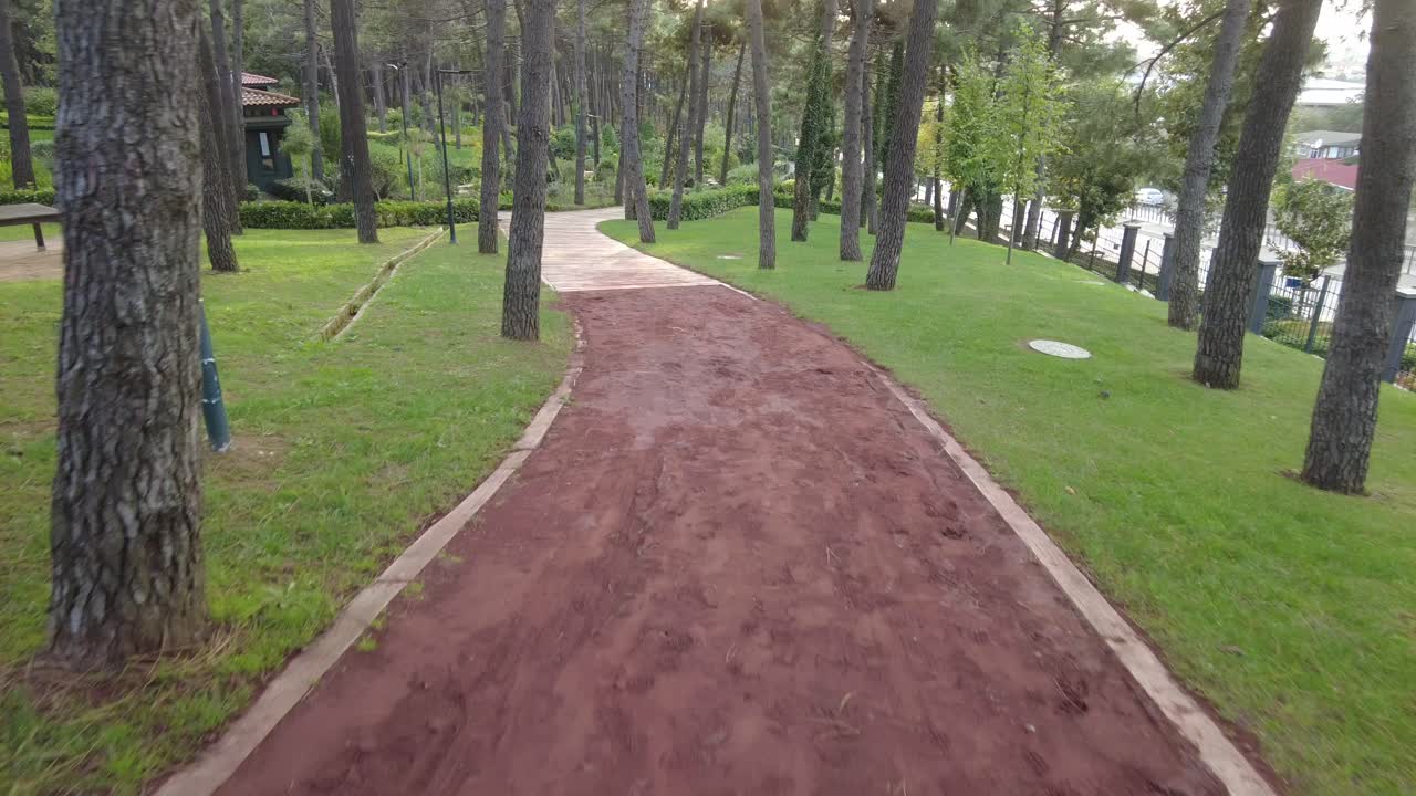 sendero del parque con pasarela de madera