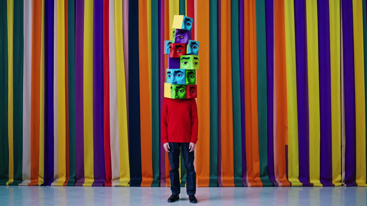 Surreal image of a boy wearing a stack of colorful cubes with eyes on his head, standing in front of a vibrant, striped curtain backdrop, creating a visually striking and thought provoking scene