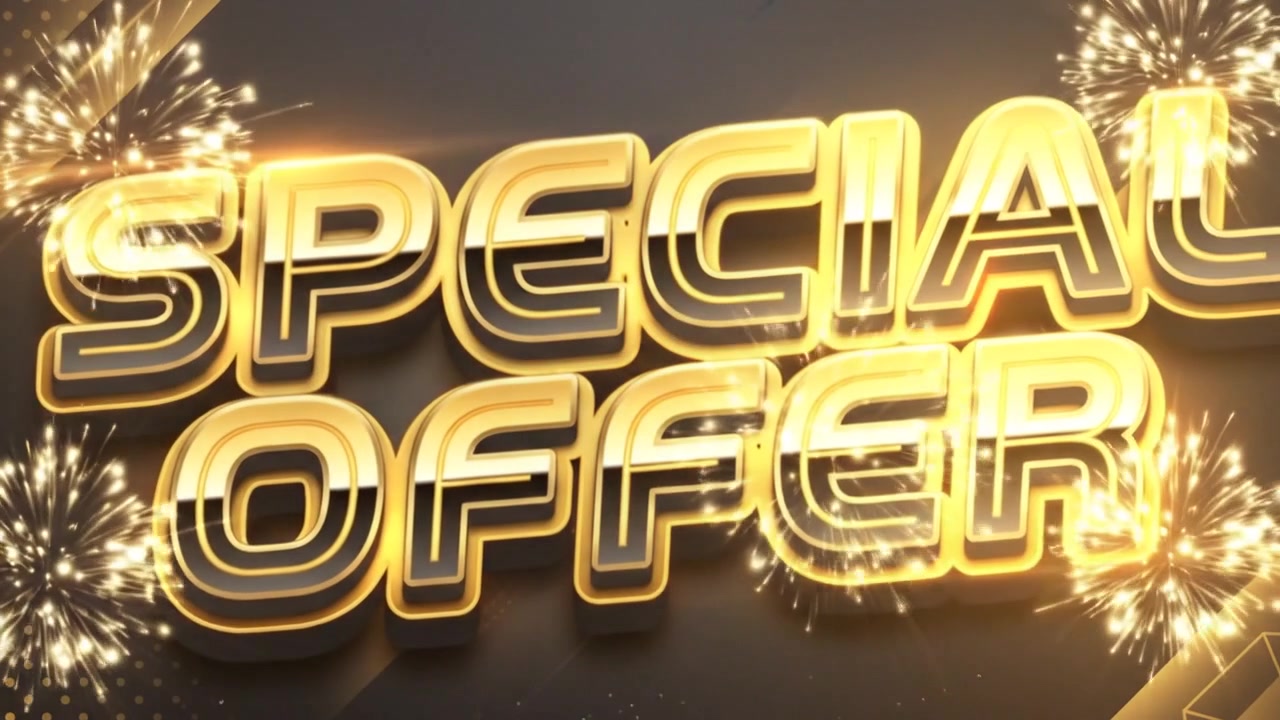 Animazione di testo promozionale "Offerta Speciale" con finitura lucida e illuminazione dinamica