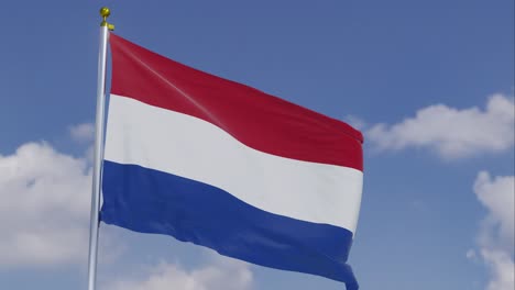 Flag-Of-The-Netherlands-Moving-In-The-Wind-With-A-Clear-Blue-Sky-In-The-Background,-Clouds-Slowly-Moving,-Flagpole,-Slow-Motion