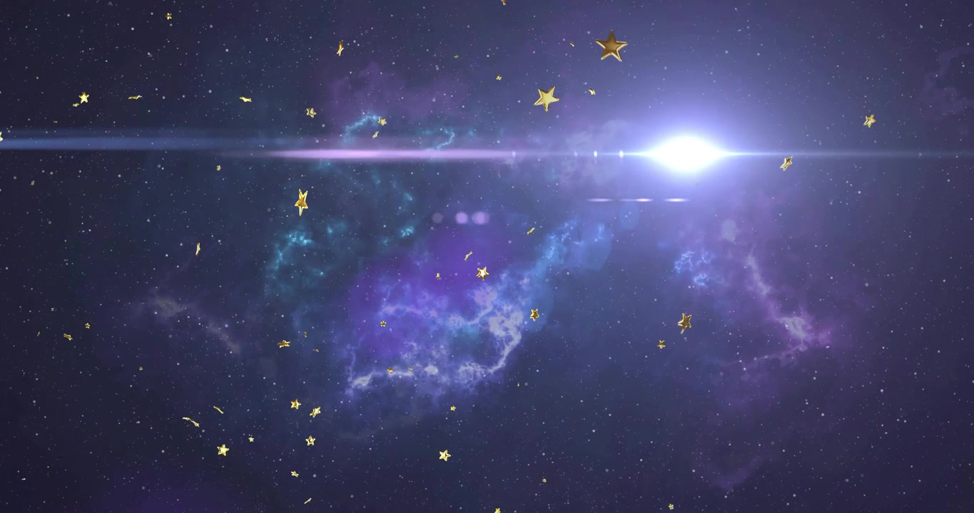 右からレンズフレアが入り込み、星雲が色を変え、金色の星が漂い、星雲を強調する。