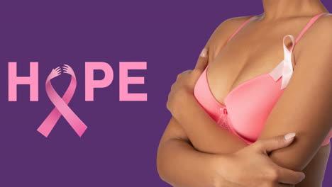 animación de concienciación sobre el cáncer de mama texto sobre una mujer que cubre el pecho