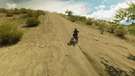 motorbiker rides vehicle up bushy hill fpv drone. strong skilled racer in helmet drives to mountain peak at extreme racing. motocross at highland