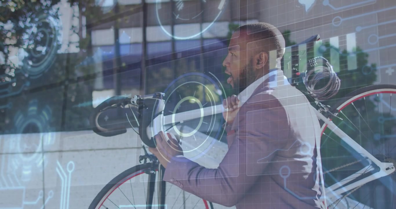 Commuter carrying white bike along sidewalk, securing frame on shoulder during commute, HUD