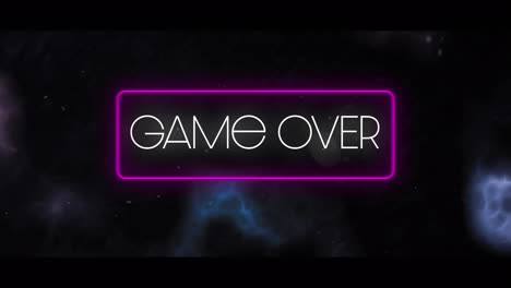 juego sobre banner rectángulo de neón púrpura contra el efecto de rayo en fondo negro