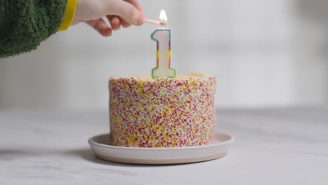 Studio-Shot-Birthday-Cake-Covered-With-Decorations-And-Candle-Celebrating-First-Birthday-Being-Lit