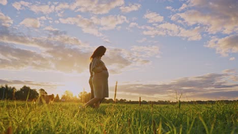 pregnant woman walking in a field at sunset