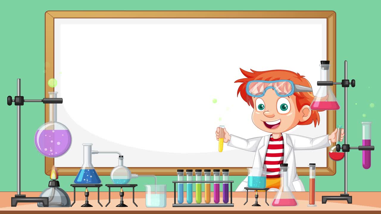 A cartoon boy in a lab coat performs a chemistry experiment at a classroom lab bench, mixing colorful liquids with animated reactions and lively gestures