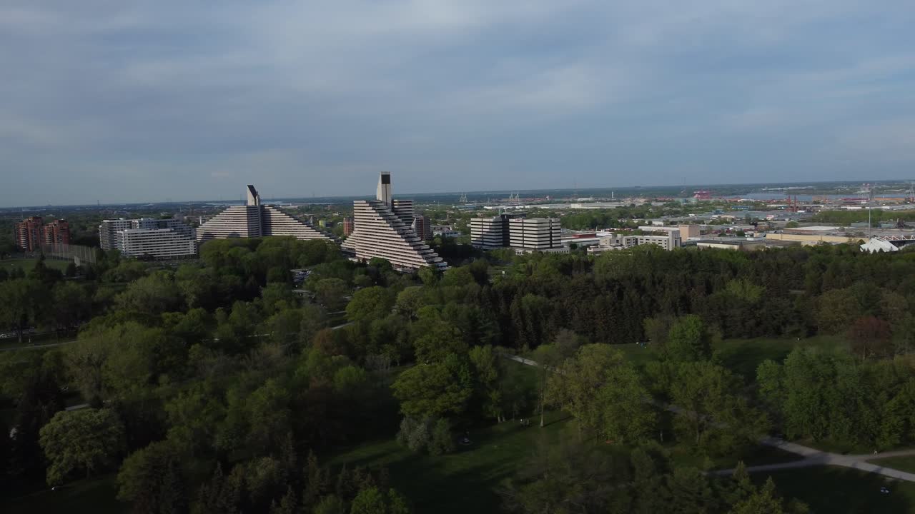 Aerial pan of Olympic Village apartment buildings near Parc Maisonneuve