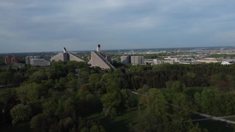 aerial pan of olympic village apartment buildings near parc maisonneuve