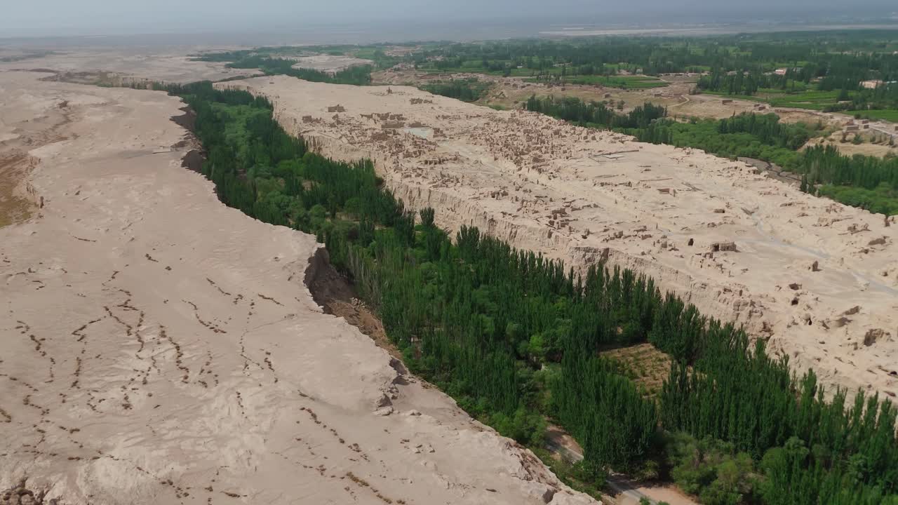 Aerial drone landscape of Chinese Plateau, Turpan Jiaohe Ruins, famous natural travel destination