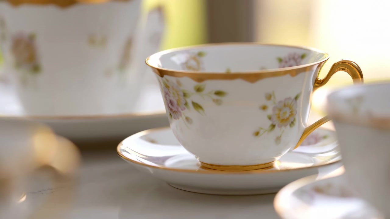 大理石のテーブルに置かれた磁器のティーカップとソーサーのクローズアップ。繊細な花柄と金色の縁、柔らかな朝の光。