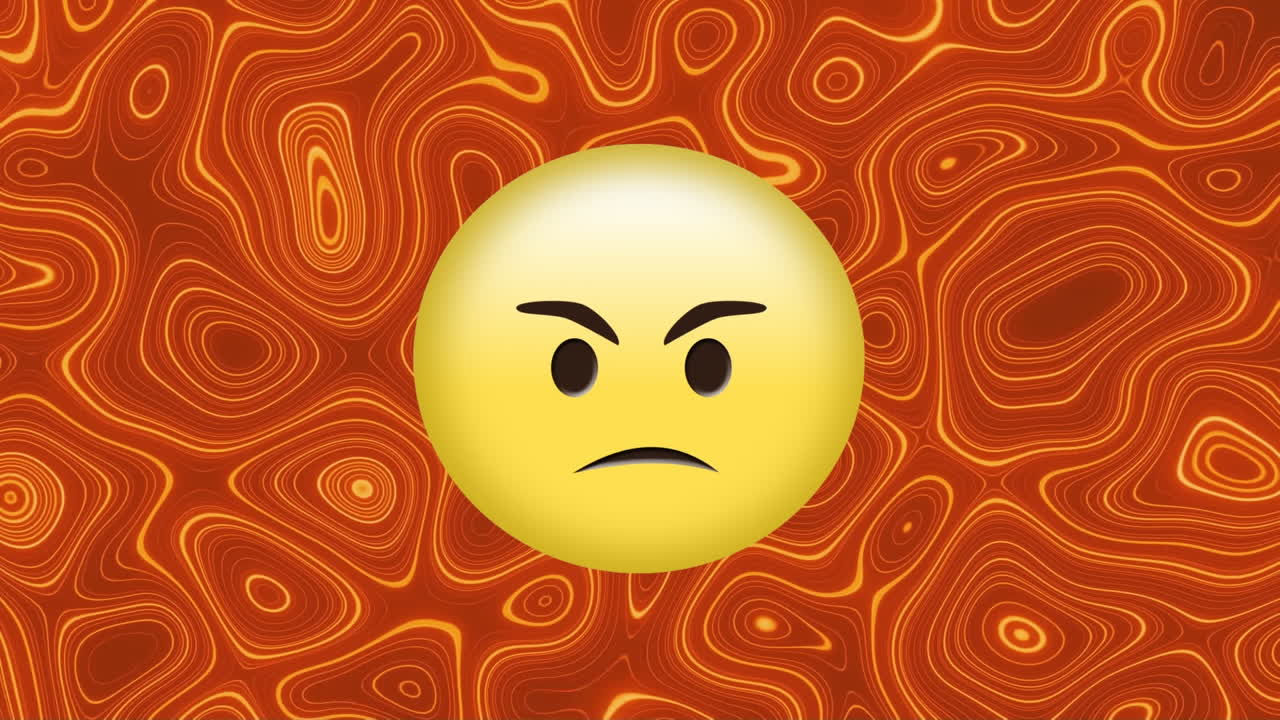오렌지색 파동 패턴의 배경 위에 노란색 분노 이모티콘의 애니메이션