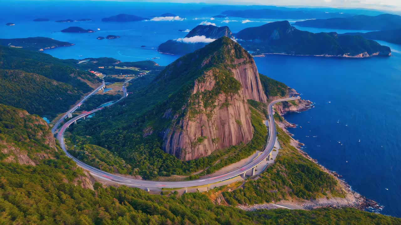 Aerial View of a Scenic Coastal Highway Winding Around a Mountain