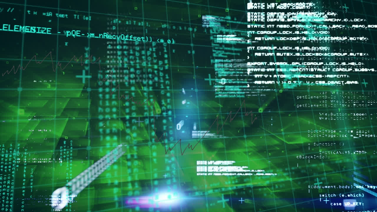 Animation of data processing over green shapes on black background