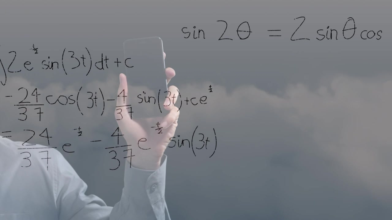 Animation of mathematical formulas over caucasian men using smarphone