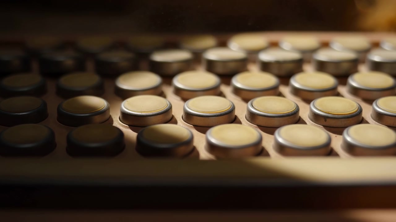 Lavt skråt udsyn af vintage runde taster i gitterformation, med subtile fokusændringer og bevægelige højdepunkter hen over slidte overflader, beige toppe, mørke kanter og blødt varmt studielys.