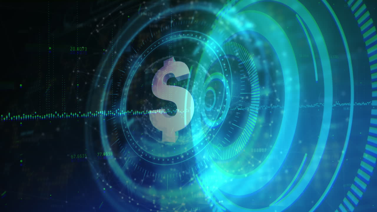 símbolo de dólar girando sobre escáner redondo azul neón contra un fondo negro