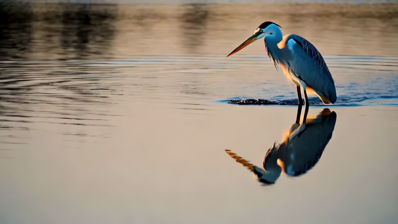 A heron standing in calm water at sunset with a clear reflection