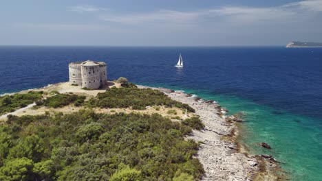 aerial flyover: defensive fortification on adriatic coast of montenegro