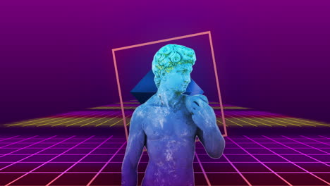 animación de un busto de escultura antigua con un error que se mueve sobre la cuadrícula sobre un fondo púrpura.