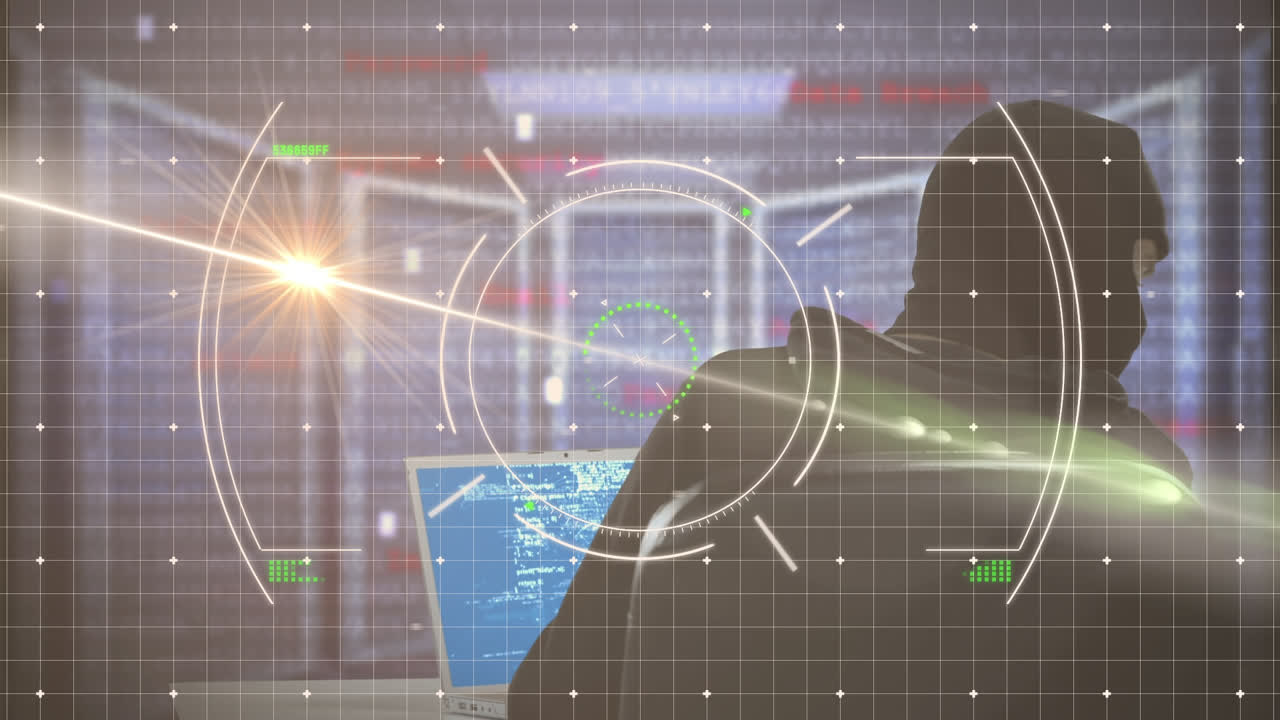 Animation of viewfinder, light and servers over caucasian male hacker