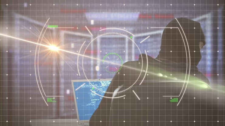 Animation of viewfinder, light and servers over caucasian male hacker