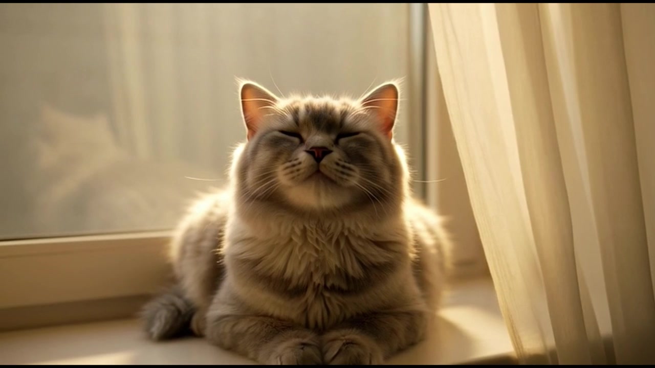 Fluffy Cat Resting on Window Sill in Warm Sunlight