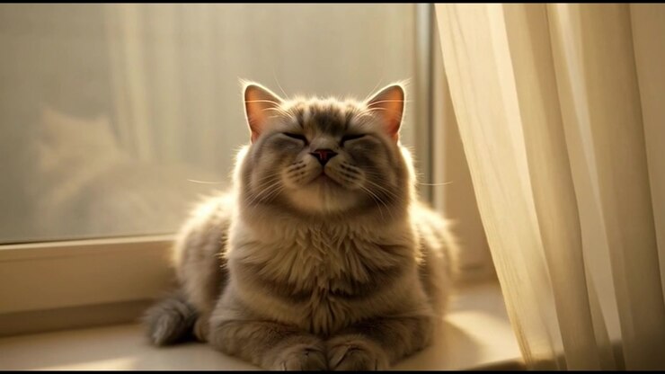 Fluffy Cat Resting on Window Sill in Warm Sunlight