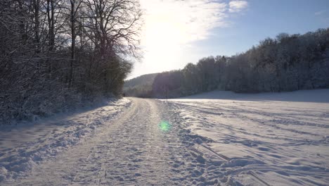 pov walking through winter wonderland on a sunny day with clear blue sky during winter in bavaria, germany