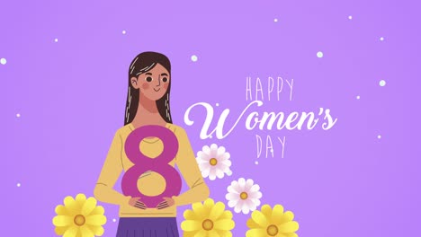 happy womens day lettering card with girl lifting number eight