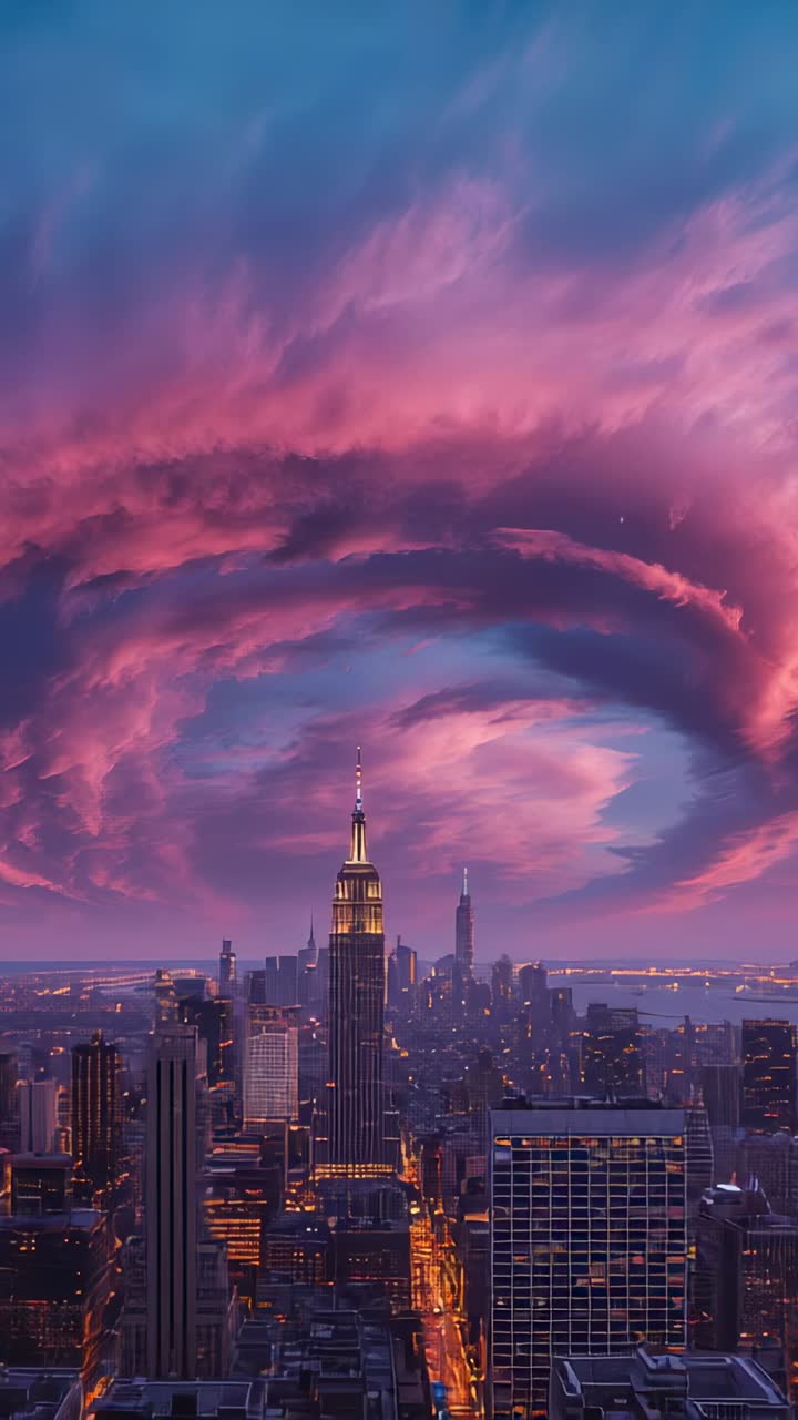 Vídeo vertical: Empire State Building enquadrado ao entardecer, horizonte estável enquanto anel de nuvens se forma