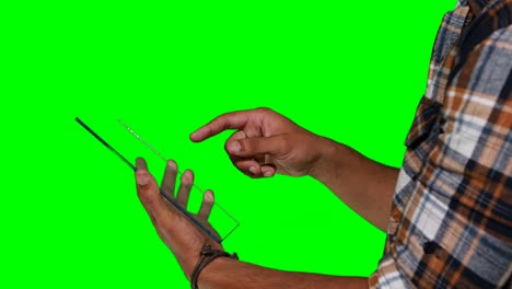 man pretending to use digital tablet