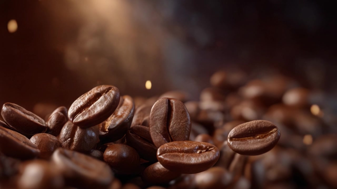 Dynamisk skildring af ristede kaffebønner: En fantastisk visuel rejse gennem rige aromaer og dybe smagsnuancer, fanget i bevægelse fra friskkværnet kaffe.