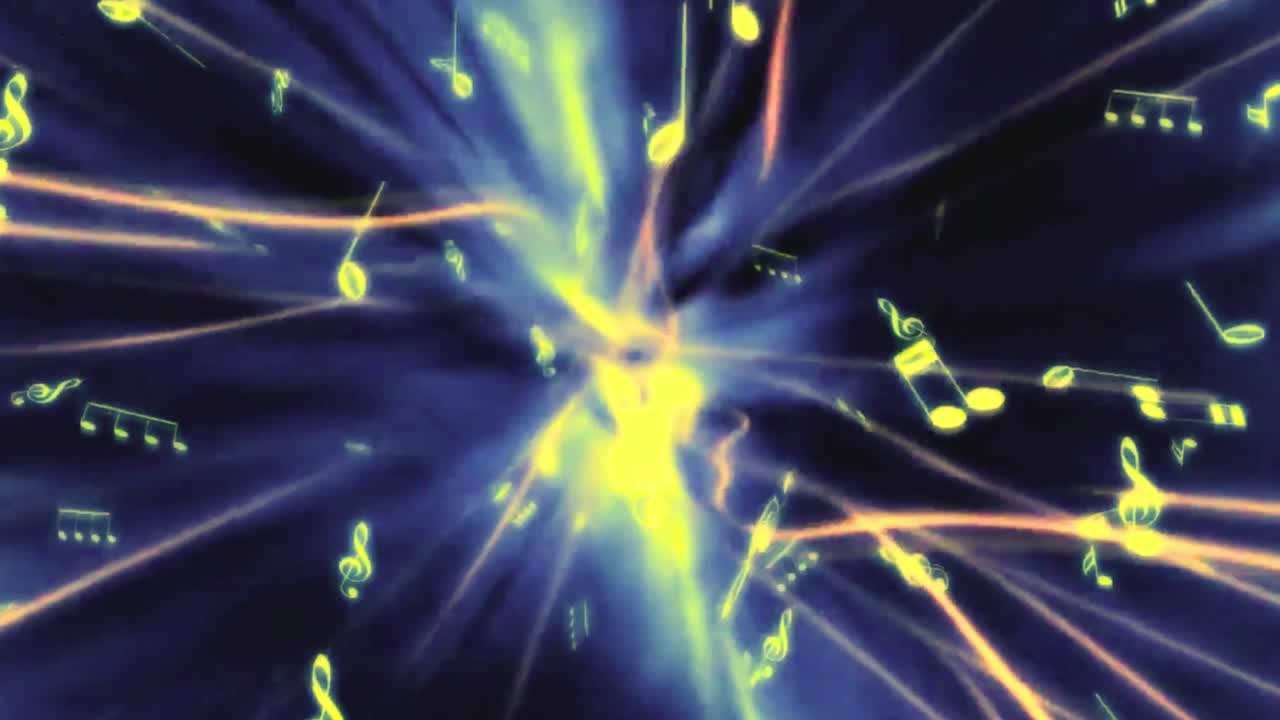 Animazione astratta di note musicali luminose che volano attraverso un vortice