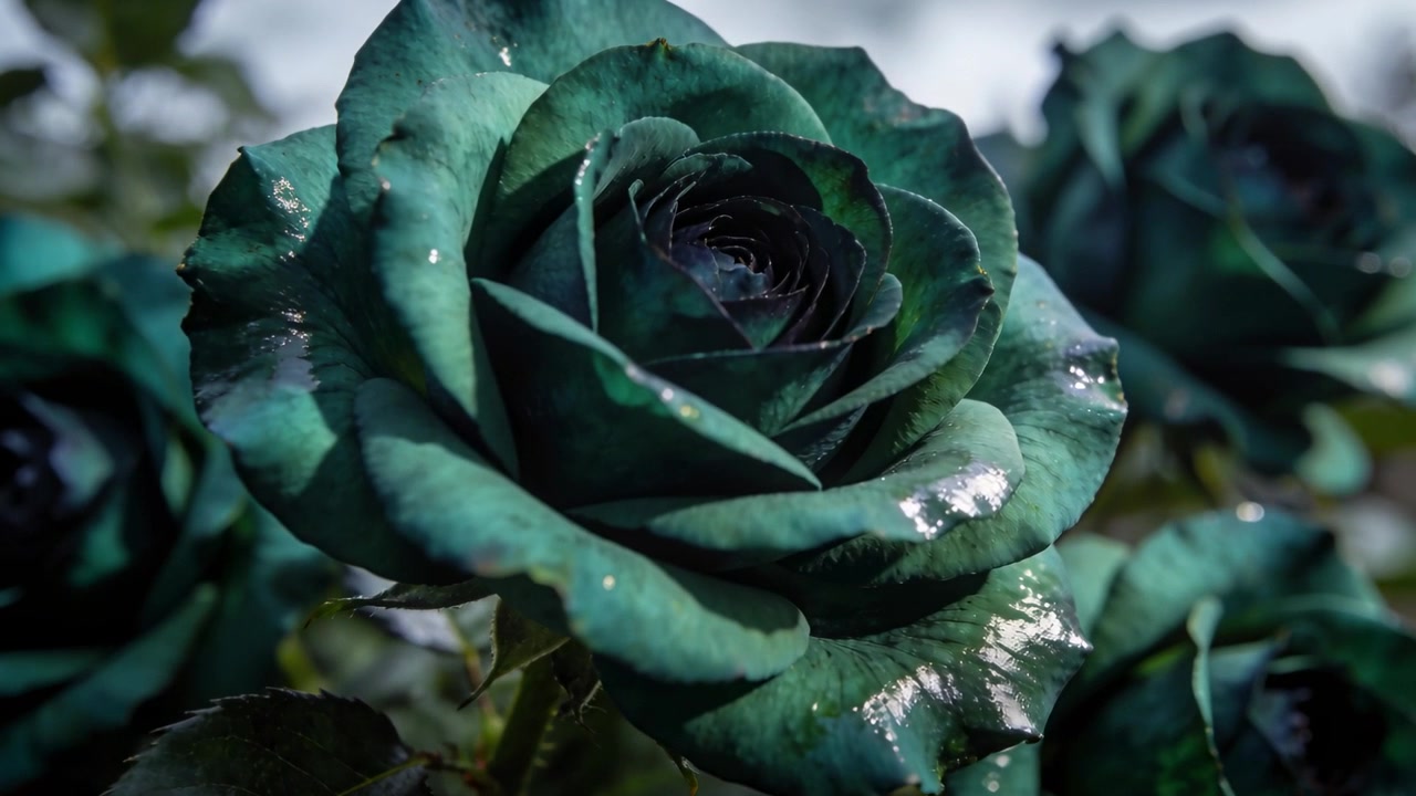 Avvicinando la telecamera a un bocciolo di rosa verde acqua in giardino, rivelando goccioline d'acqua e una spirale.