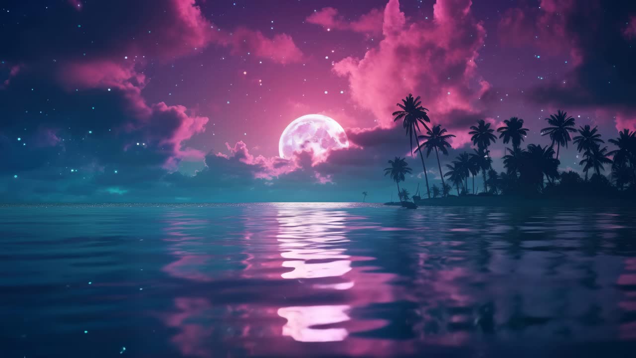 A dreamy, surreal video scene of a tropical beach at sunset, with a low-angle view capturing