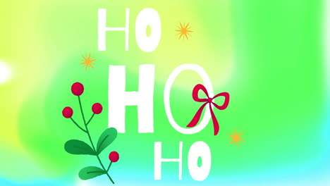animation of ho text over christmas decorations on vibrant background