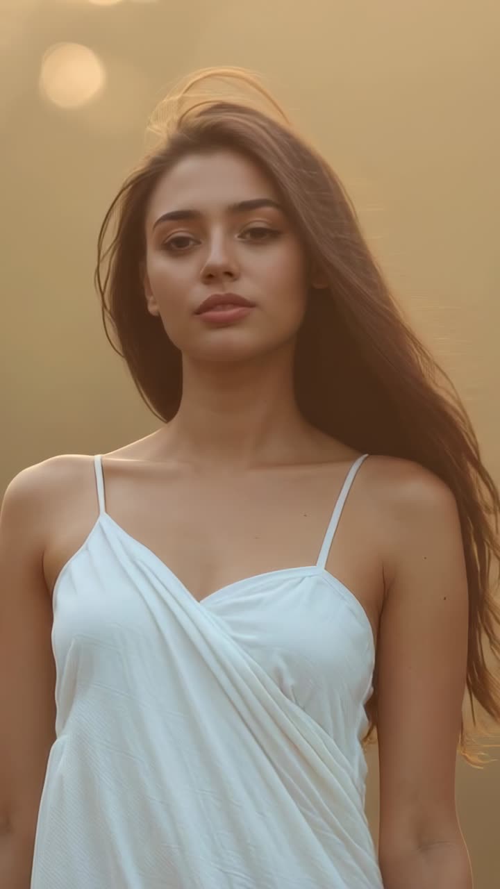 Vertical video: Turning woman posing as breeze lifting hair at golden hour in white gown bokeh