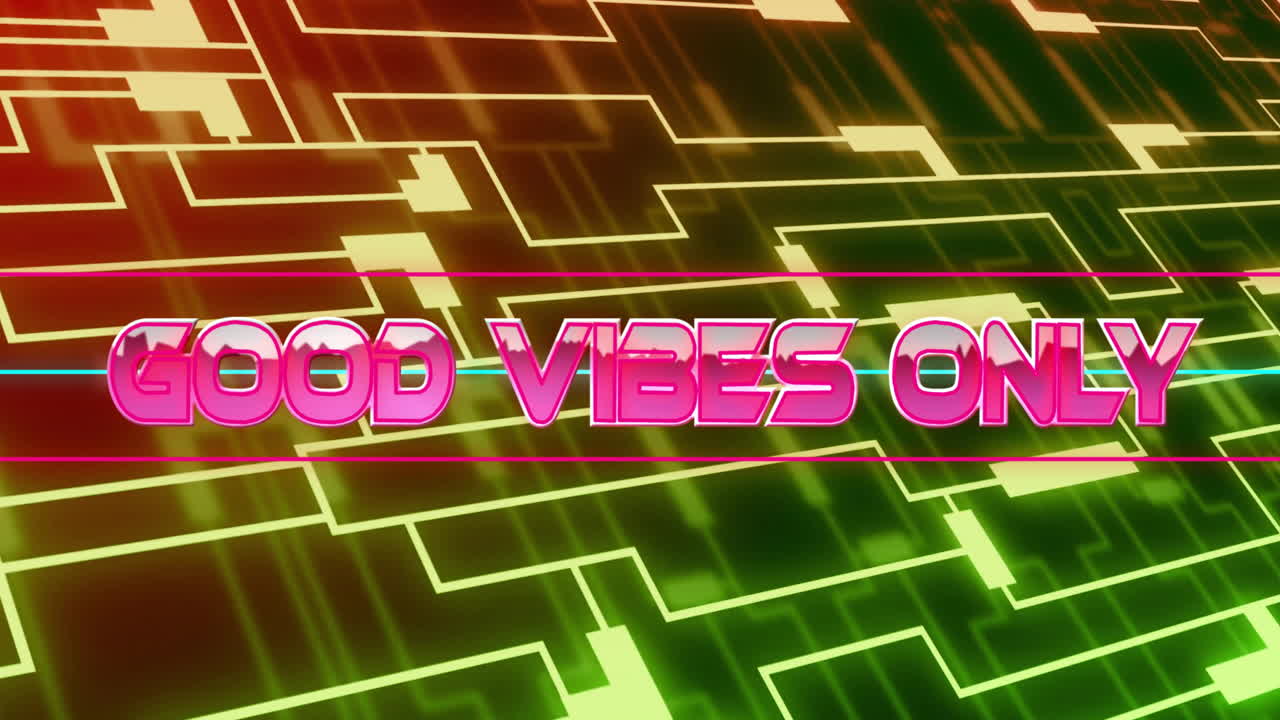 Barevné pozadí s geometrickým vzorem a textem „Good Vibes Only“ v animačním stylu