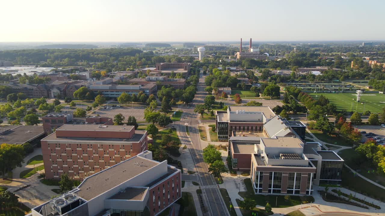 Michigan State University Buildings for Statistics and Probability and Engineering, aerial drone view on sunny evening